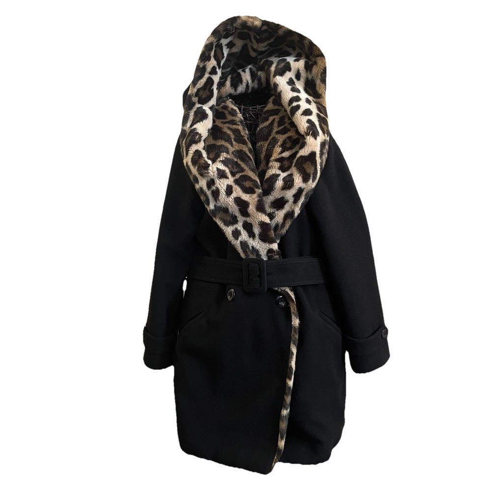 Isabel De Pedro Mr. Cat Black Wool  Coat Jacket S/M Leopard Print Fur Hooded VTG
